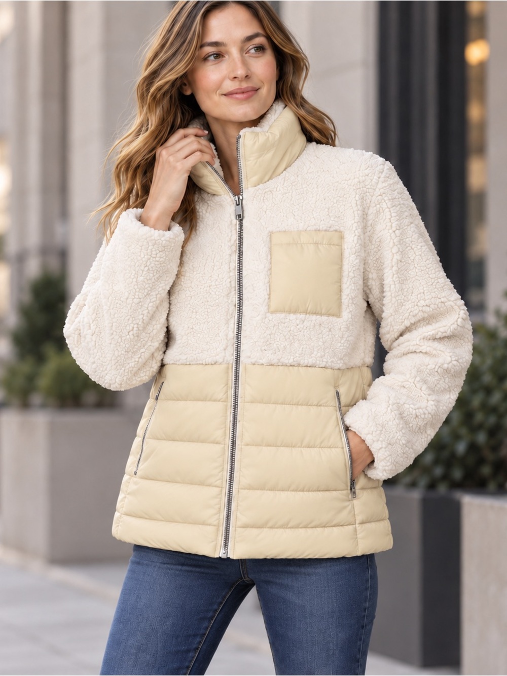 SOIA & KYO Sherpa & Quilted Jacket Cream Vanilla Size L